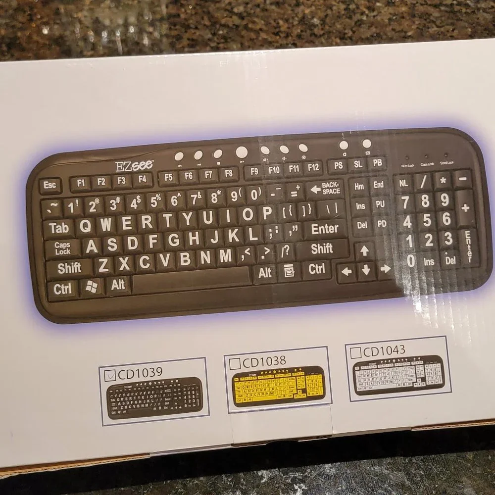 EZ SEE Large Print Keyboard-White Keys on Black Background-NIB